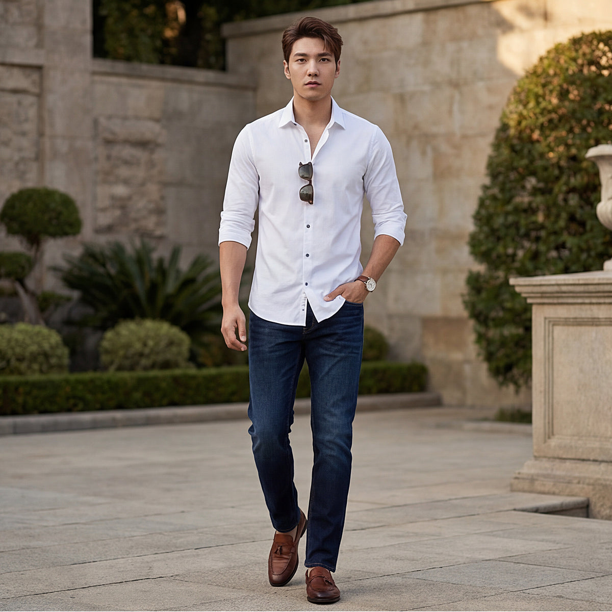 Full sleeves Slim Fit White Satin Solid Shirt