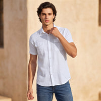 Short sleeves Slim Fit White Double Pocket Solid Crepe Shirt