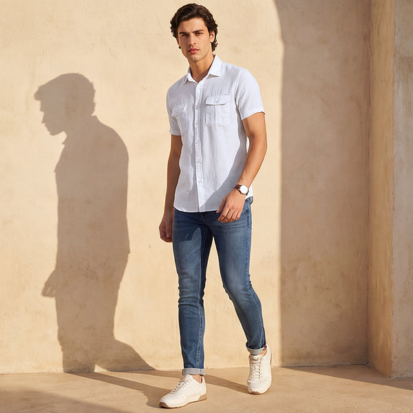 Short sleeves Slim Fit White Double Pocket Solid Crepe Shirt