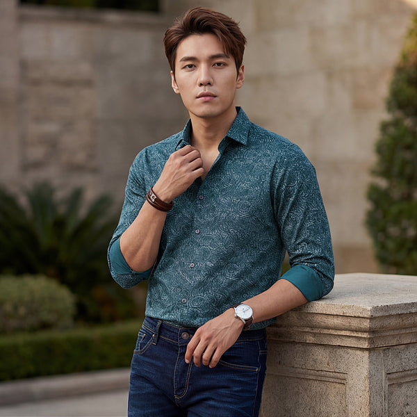 Short sleeves Slim Fit Green Abstract Ethnic Fusion Print Shirt