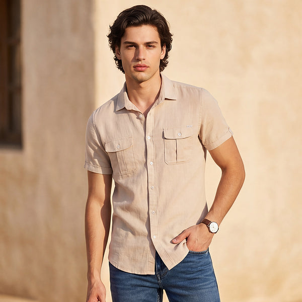 Short sleeves Slim Fit Cream Double Pocket Solid Crepe Shirt