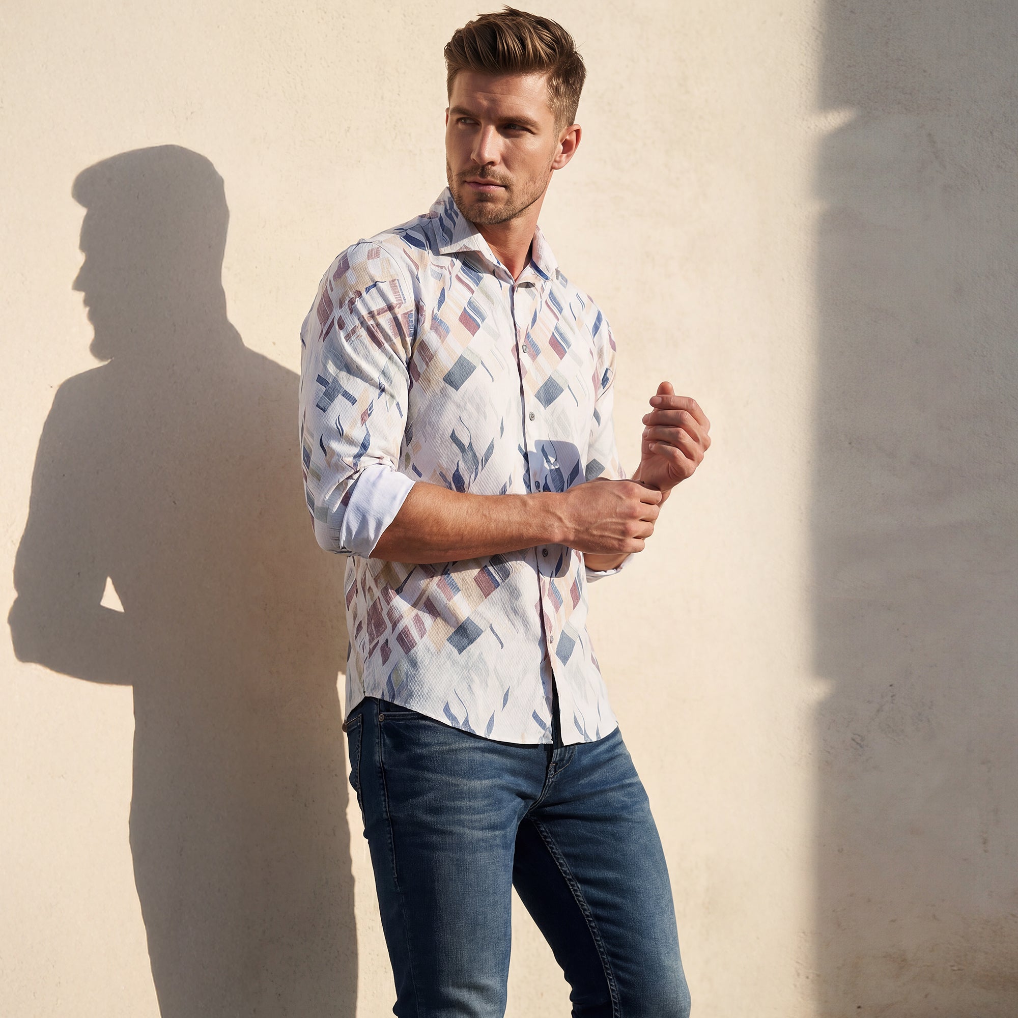 Full sleeves Slim Fit Yellow Abstract Diagonal Brushstroke Print Shirt