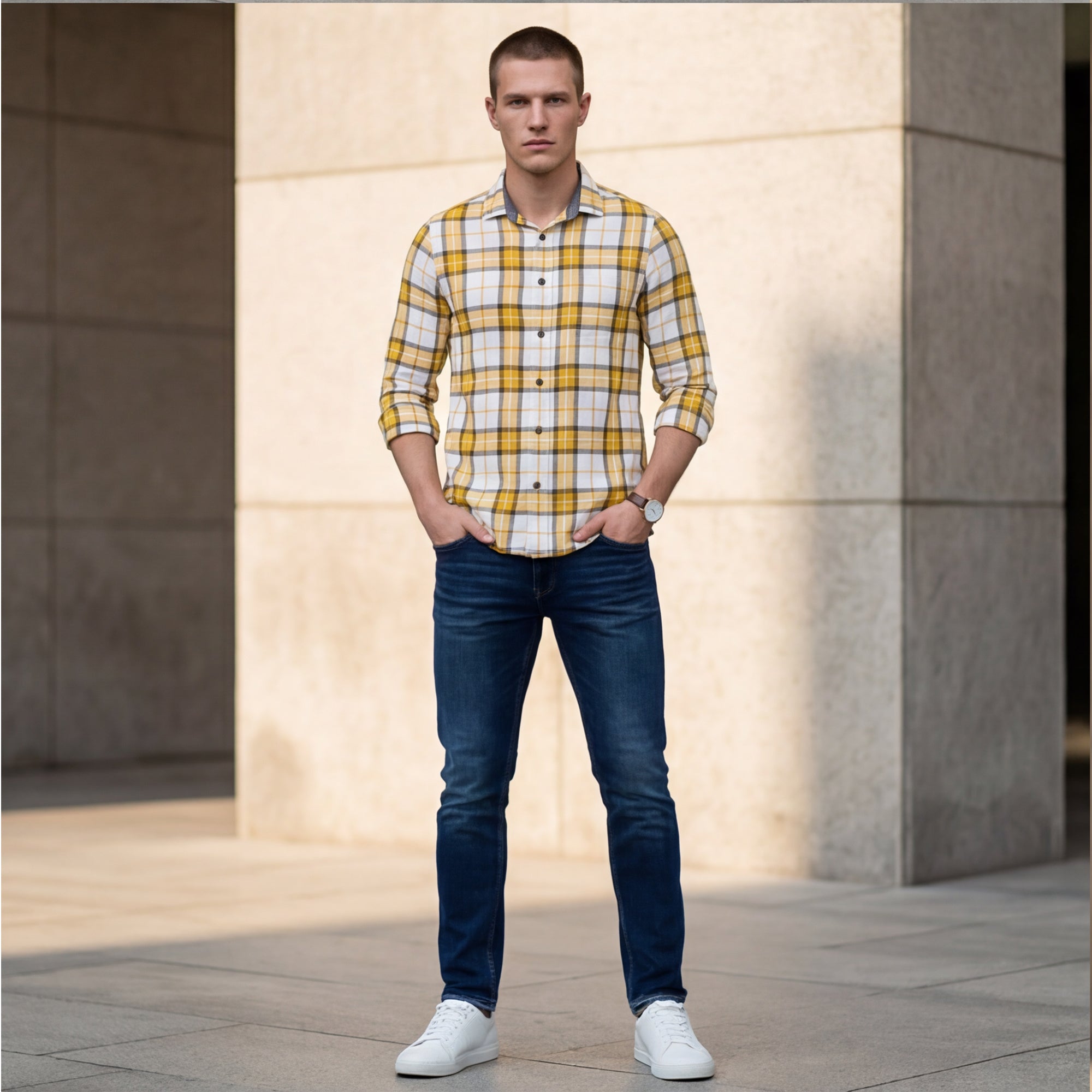 Men Mastard Checks Slim Fit Shirt