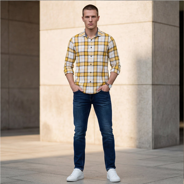 Full sleeves Slim Fit Mustard Brushed Checks Shirt