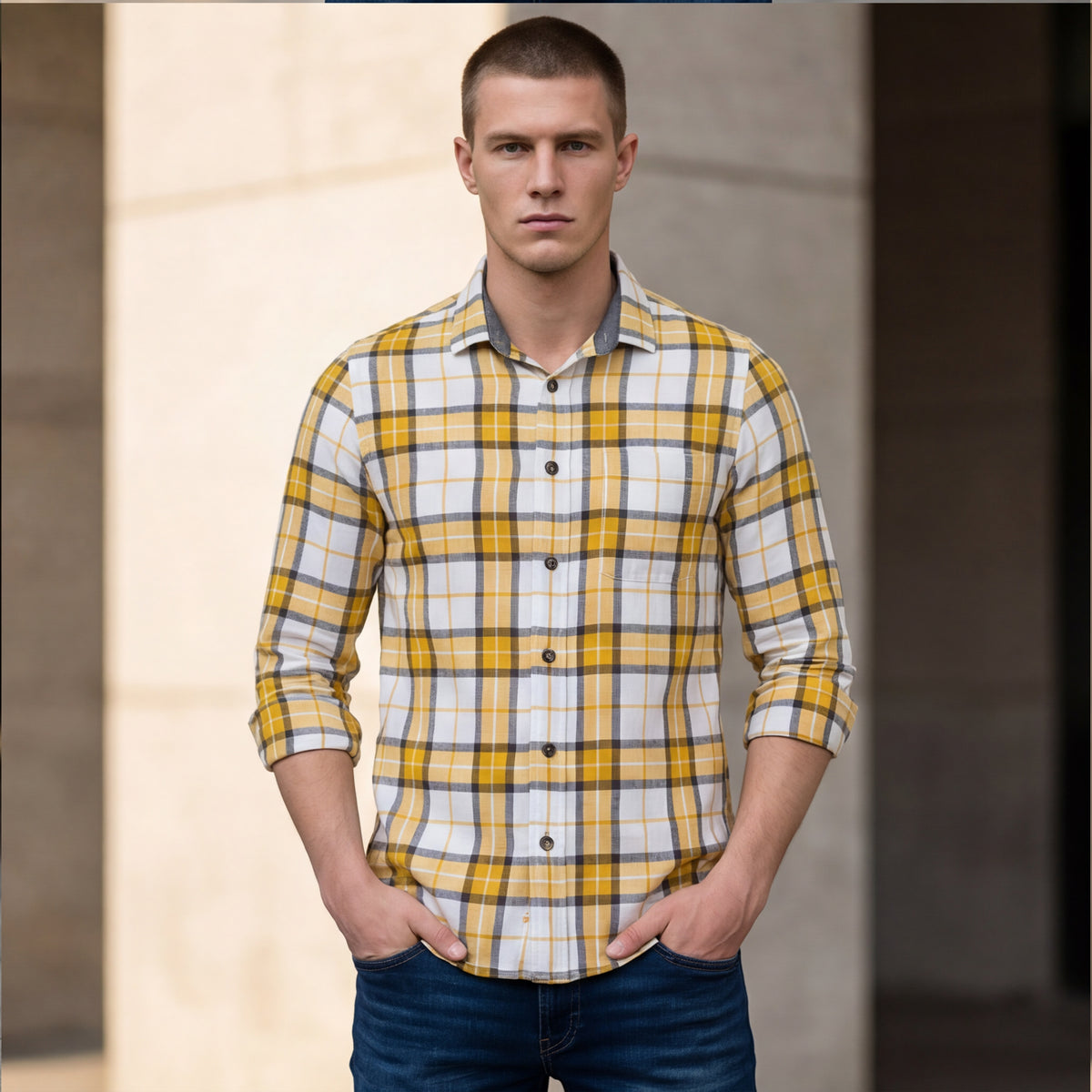 Full sleeves Slim Fit Mustard Brushed Checks Shirt