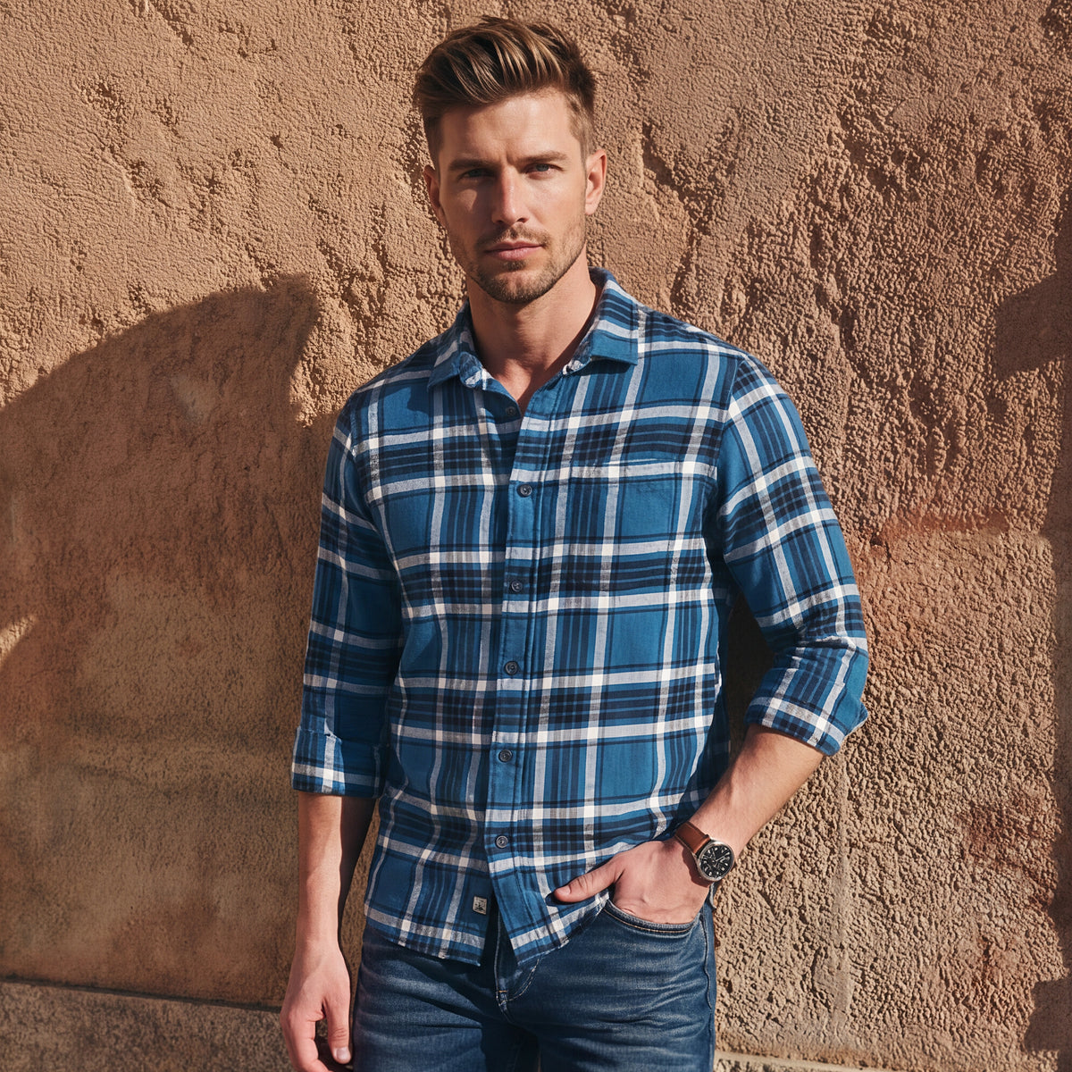 Full sleeves Slim Fit Blue Brushed Checks Shirt