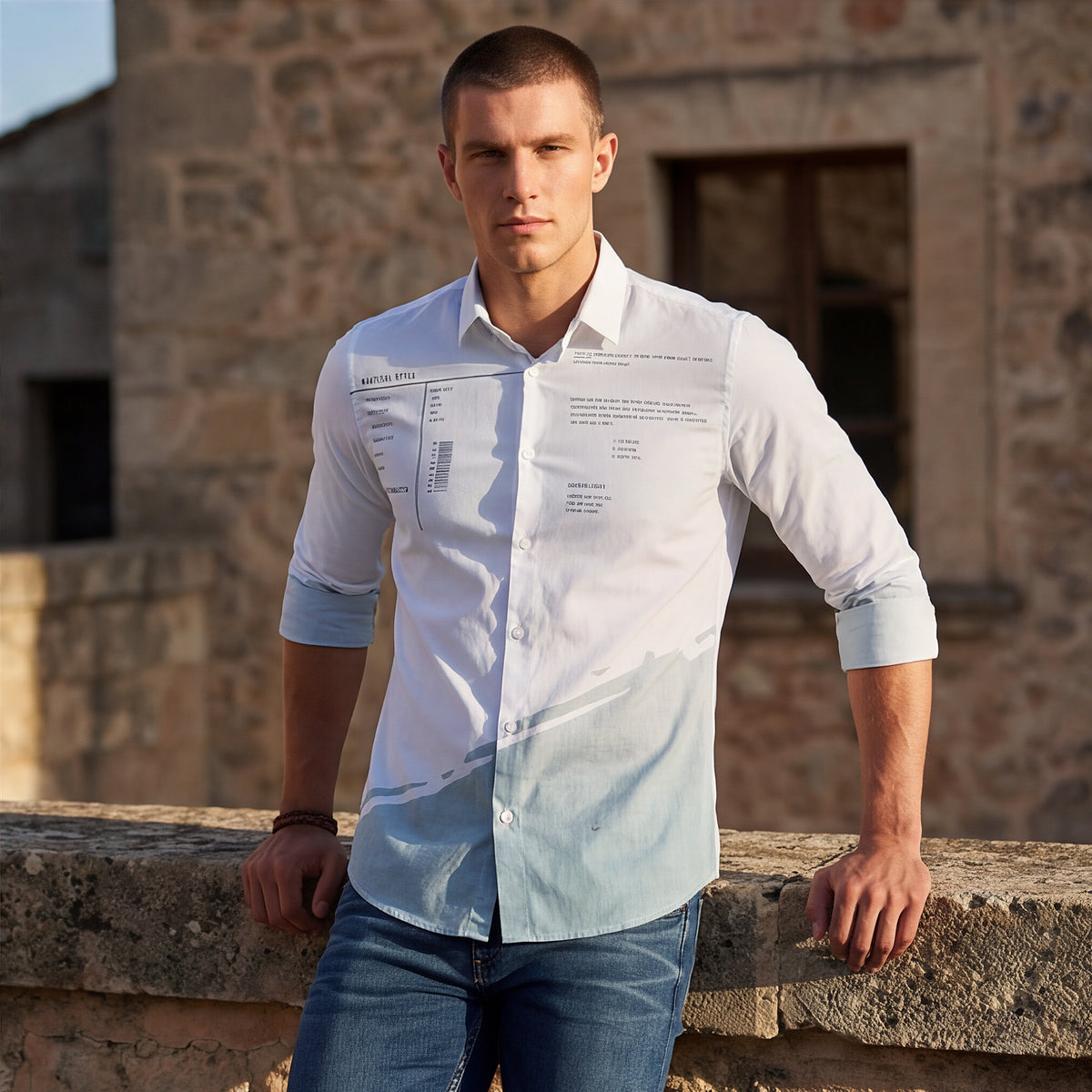 Full sleeves Slim Fit Grey Placement Graphic Print Fashion Shirt