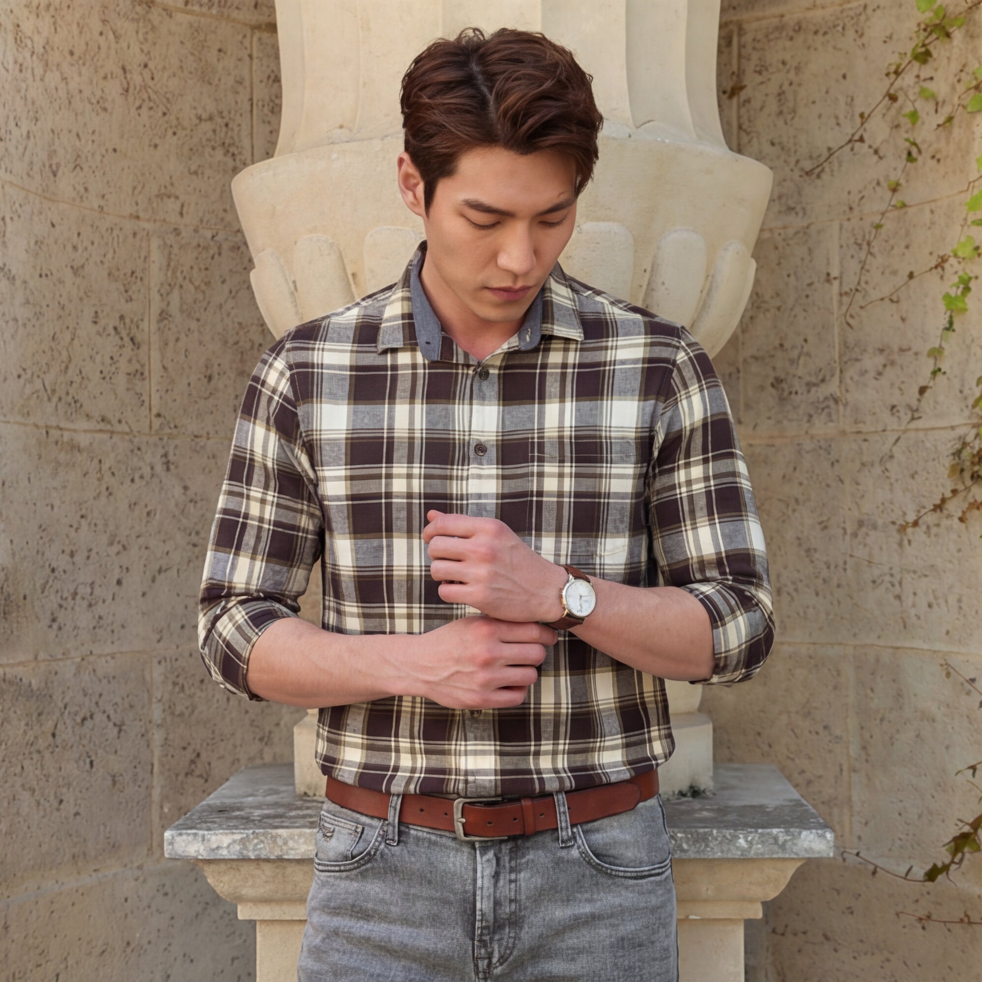 Full sleeves Slim Fit Brown Brushed Checks Shirt