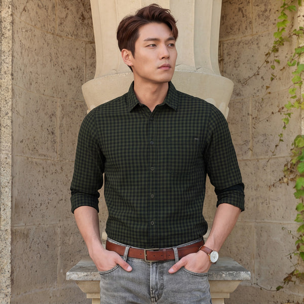 Full sleeves Slim Fit Olive Over-Dyed Gingham Checks Shirt