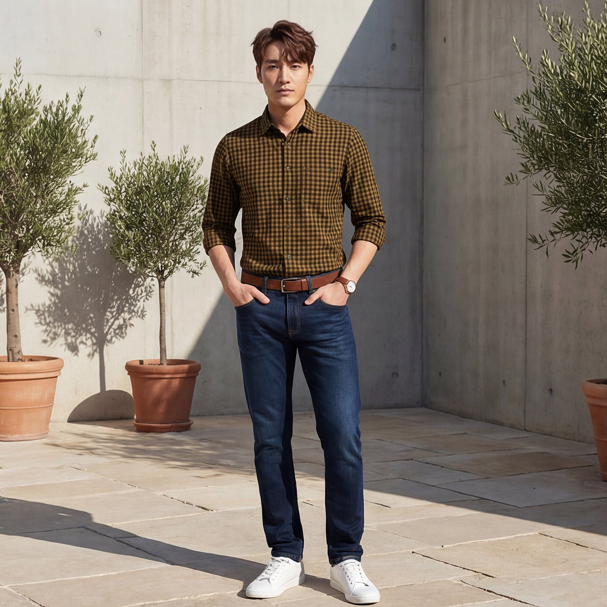 Full sleeves Slim Fit Dark Mustard Over-Dyed Gingham Checks Shirt