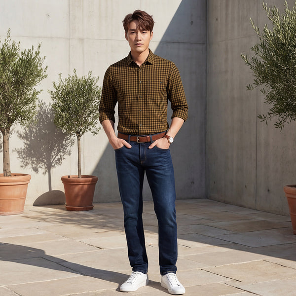 Full sleeves Slim Fit Dark Mustard Over-Dyed Gingham Checks Shirt