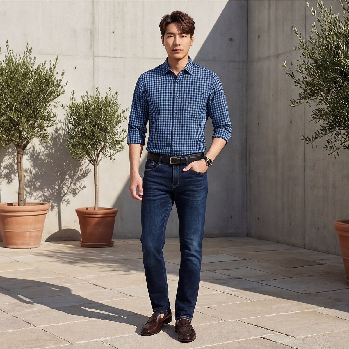 Full sleeves Slim Fit Blue Over-Dyed Gingham Checks Shirt