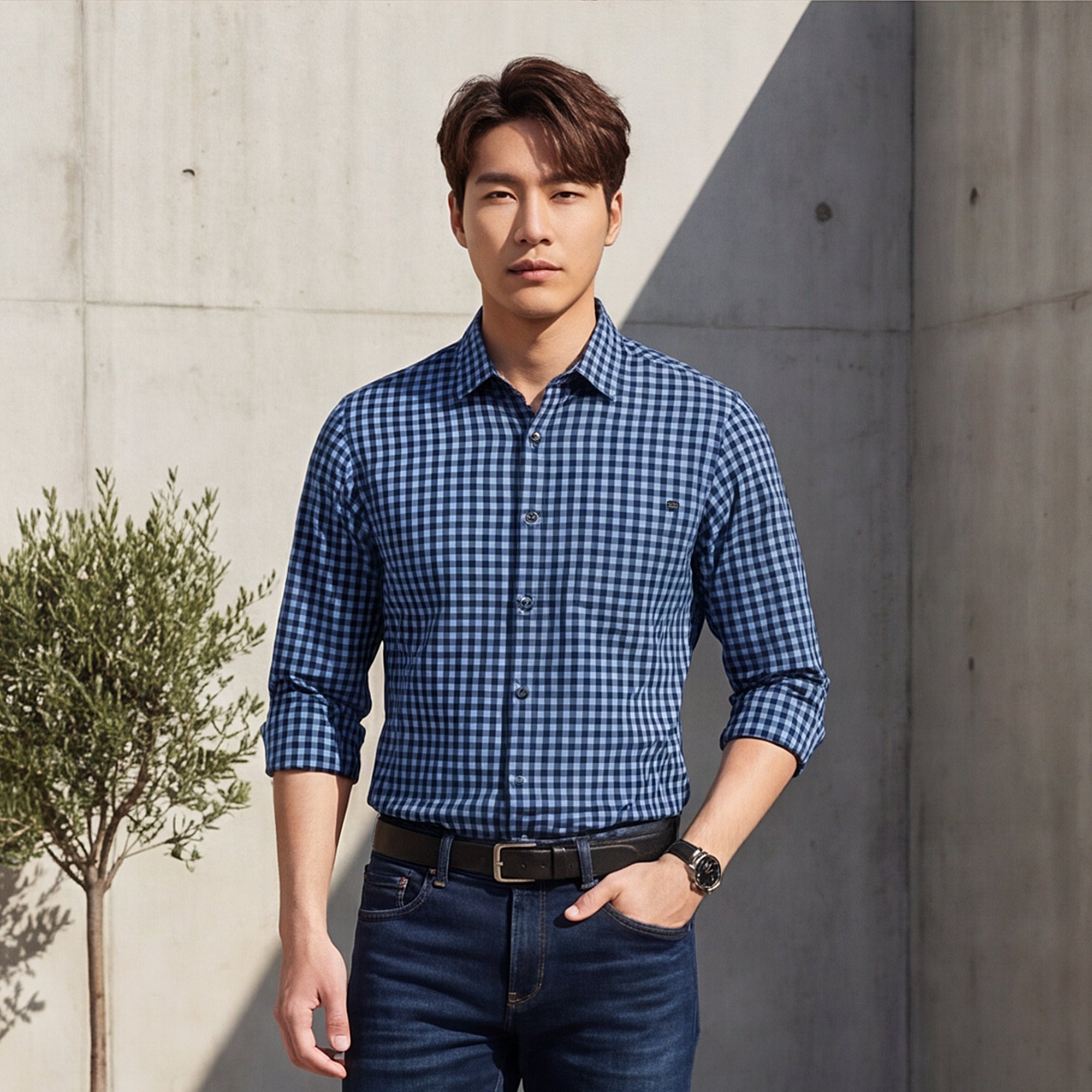 Full sleeves Slim Fit Blue Over-Dyed Gingham Checks Shirt