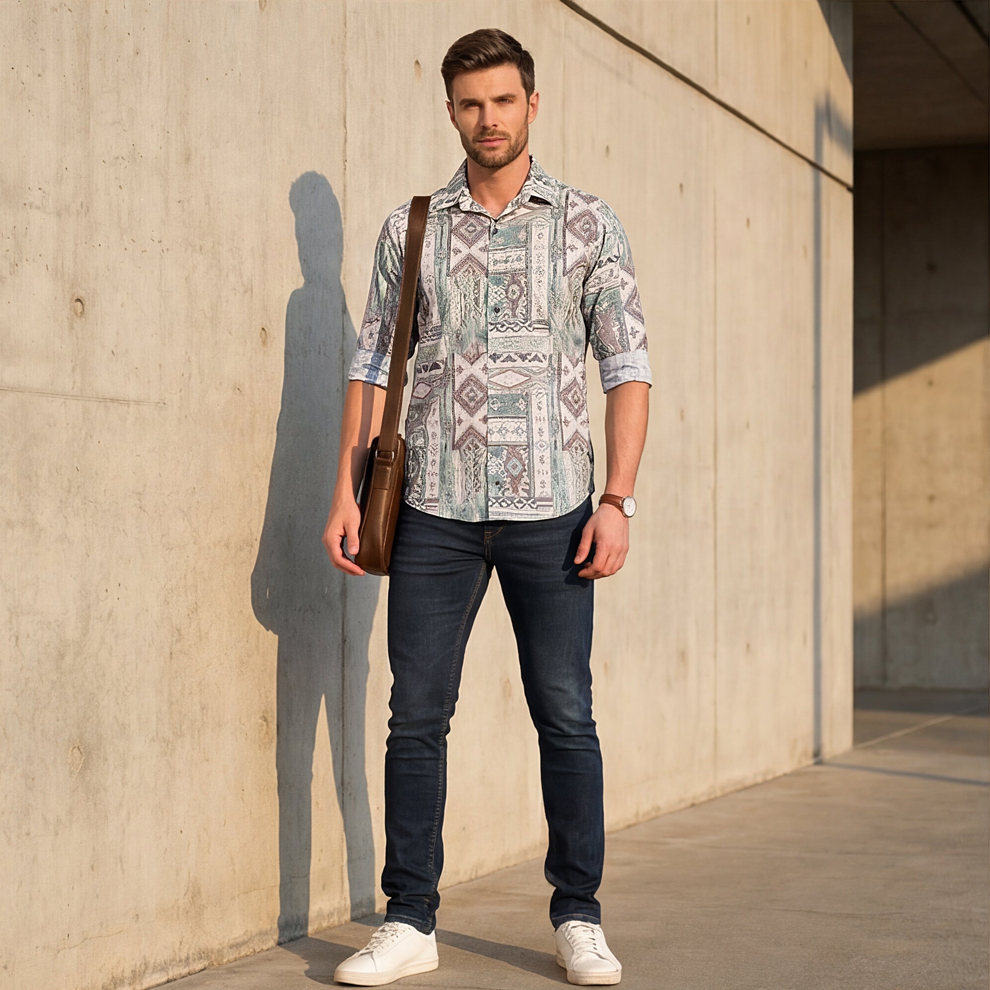 Full sleeves Slim Fit Pista Tribal Geometric Motif Print Shirt