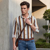 Full sleeves Slim Fit Brown Dobby Structure Striper Print Shirt
