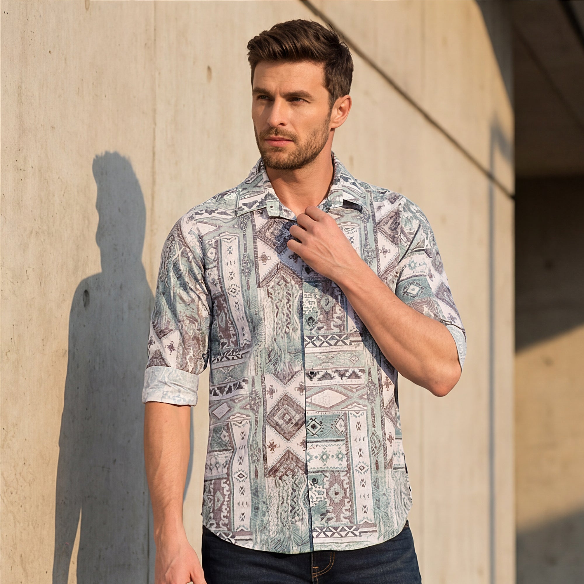 Full sleeves Slim Fit Pista Tribal Geometric Motif Print Shirt