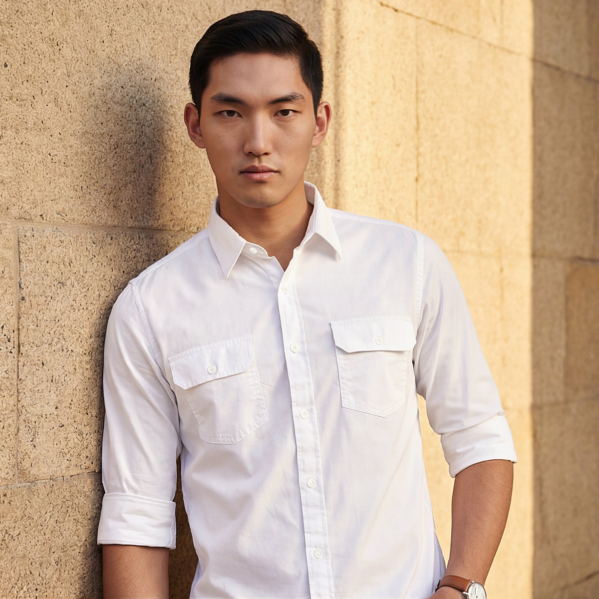 Full sleeves Slim Fit White Double Pocket Solid Shirt