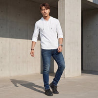 Full sleeves Slim Fit White Kurta Placket Hoodie Solid Shirt
