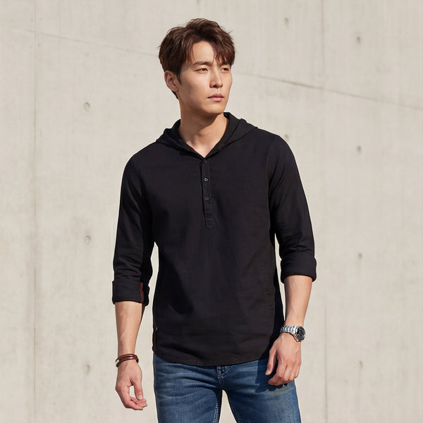 Full sleeves Slim Fit Black Kurta Placket Hoodie Solid Shirt