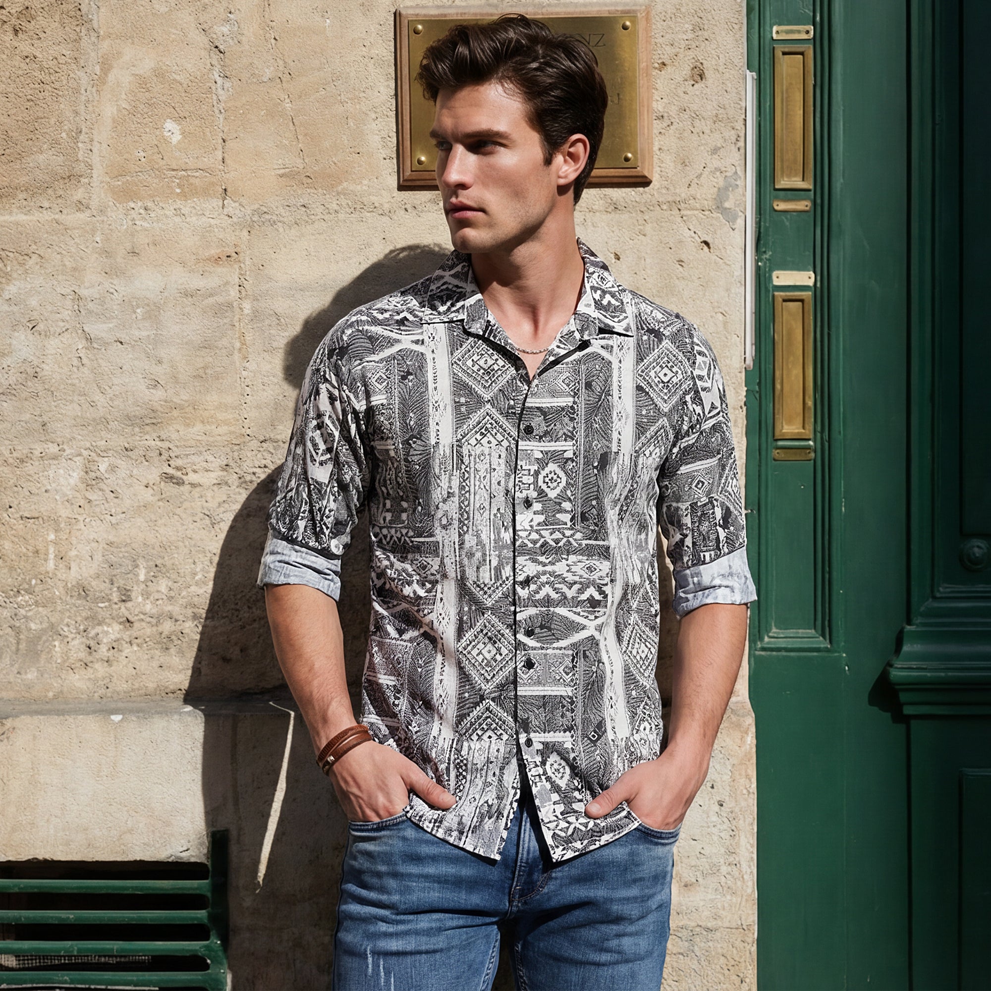 Full sleeves Slim Fit Grey Tribal Geometric Motif Print Shirt