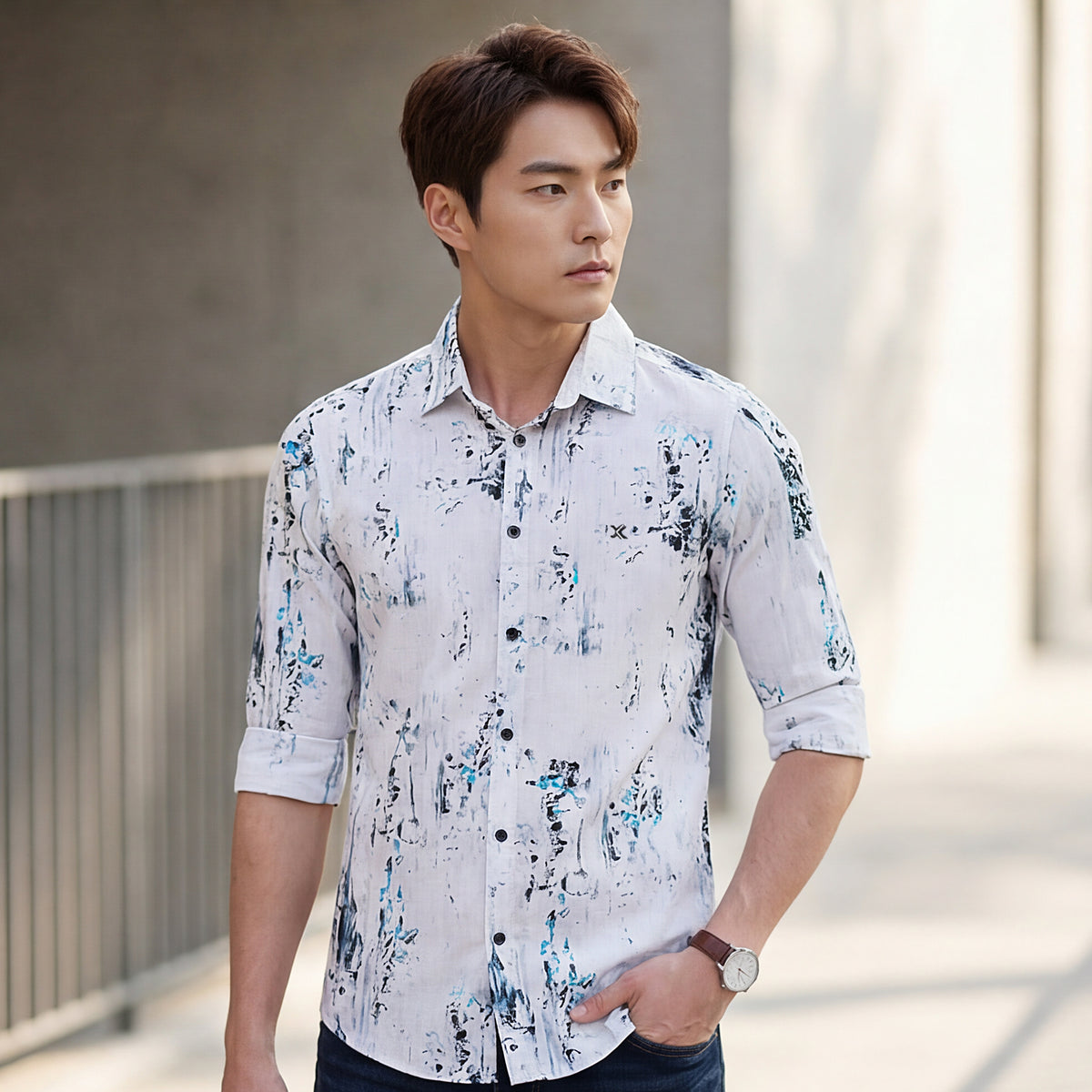 Full sleeves Slim Fit Grey All-Over Distressed texture Print Shirt