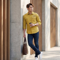 Full sleeves Slim Fit Mustard Washed Double Pocket Cargo Solid Shirt