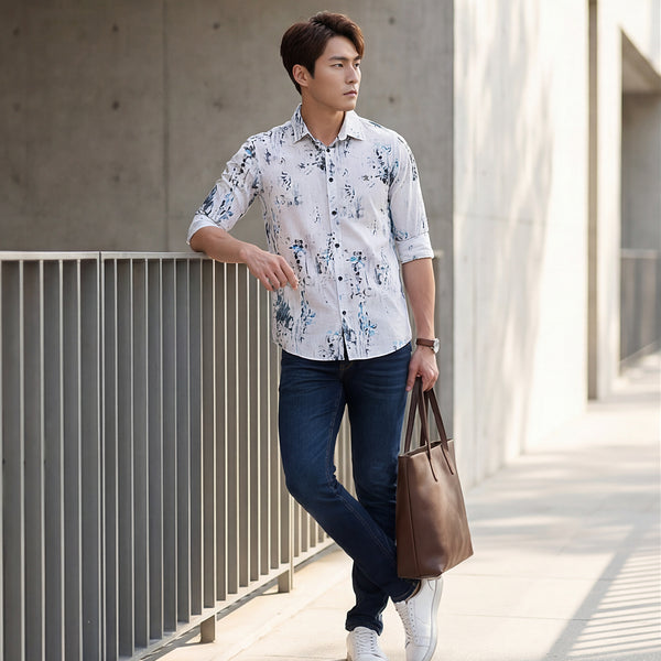 Full sleeves Slim Fit Grey All-Over Distressed texture Print Shirt