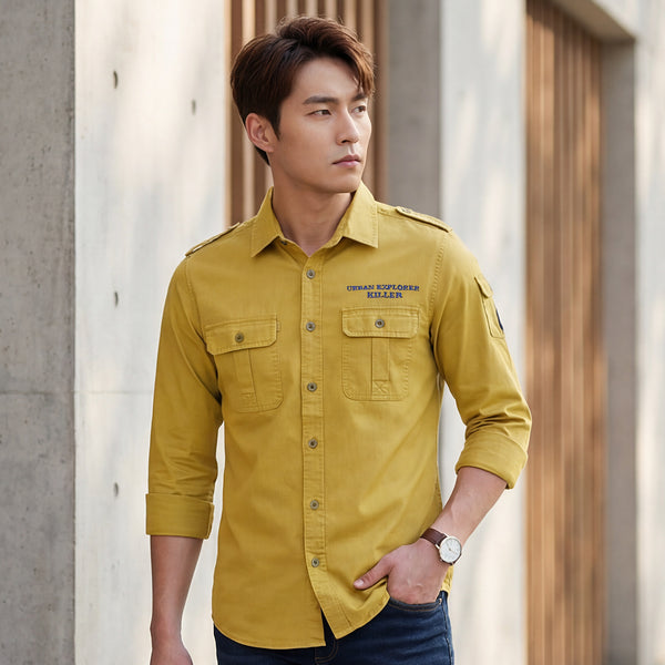 Full sleeves Slim Fit Mustard Washed Double Pocket Cargo Solid Shirt