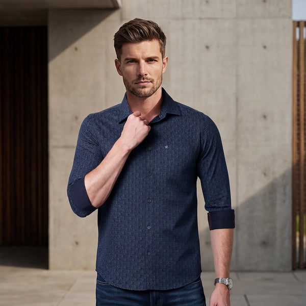 Full sleeves Slim Fit Navy All-Over Micro Geometric Print Shirt