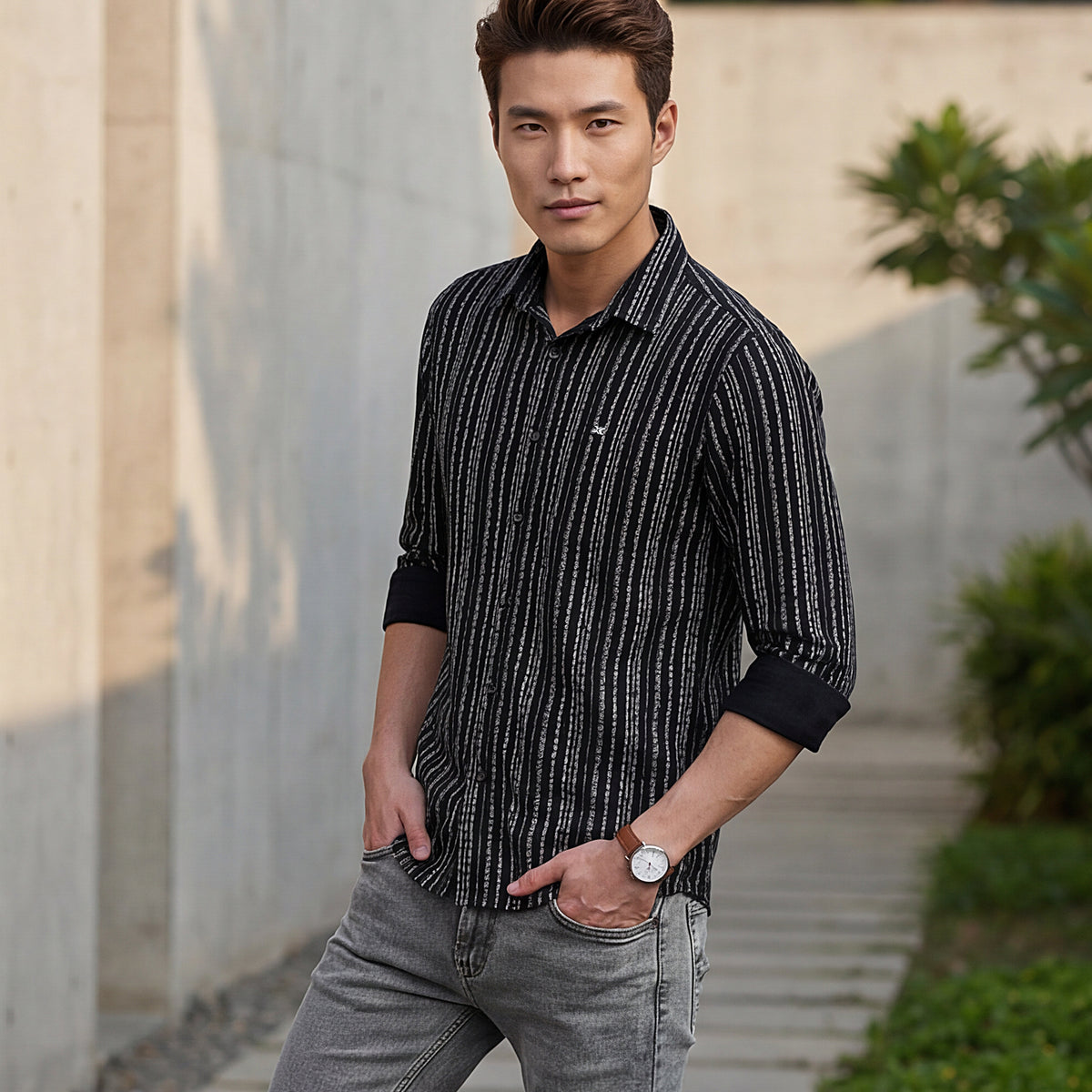 Full sleeves Slim Fit Black Dobby Structure Printed Stripe Shirt