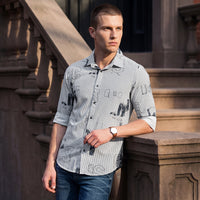 Full Sleeves Slim Fit Abstract Typographic Scribble Print with Pinstripes Shirt