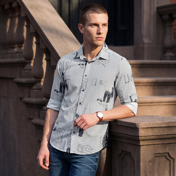 Full Sleeves Slim Fit Abstract Typographic Scribble Print with Pinstripes Shirt
