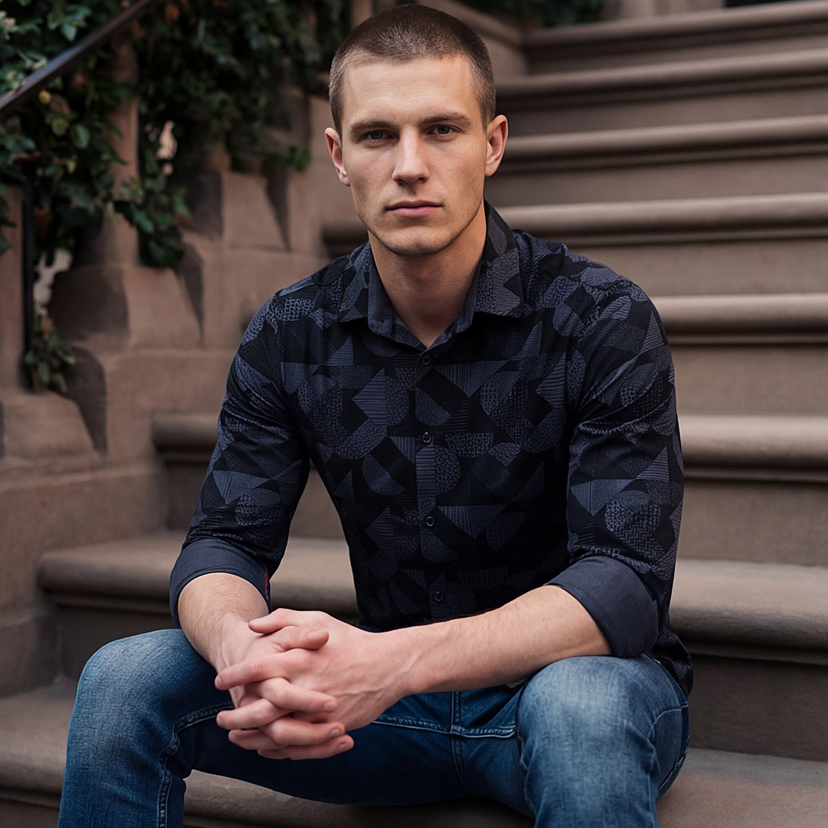 Full sleeves Slim Fit Slate Grey Angular Shapes Print Shirt
