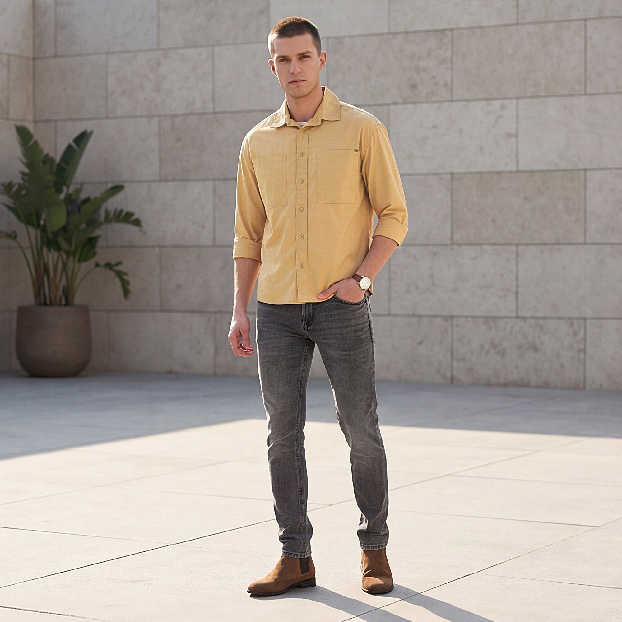 Men's Sand Solid Loose Fit Shirts