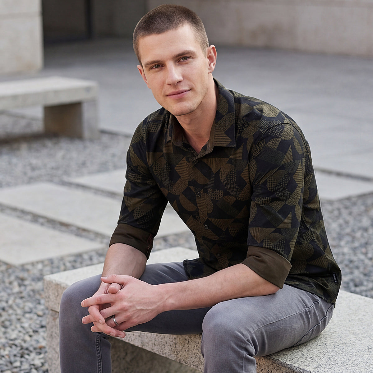 Full sleeves Slim Fit Olive Angular Shapes Print Shirt