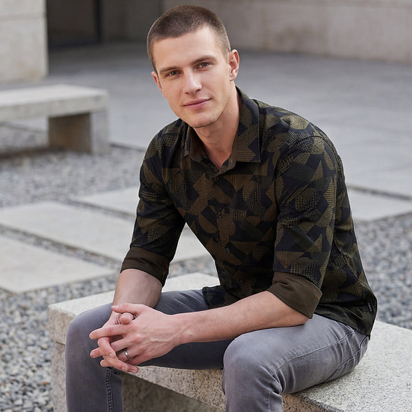 Full sleeves Slim Fit Olive Angular Shapes Print Shirt