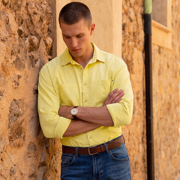 Men's Mustard Solid Loose Fit Shirts