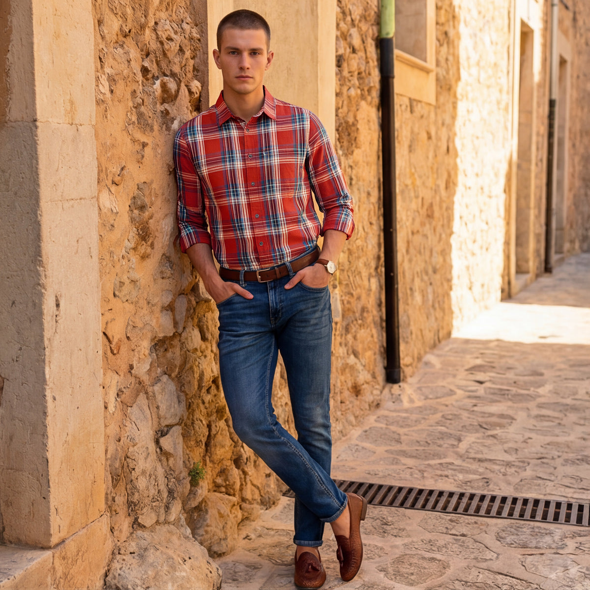 Full Sleeves Slim Fit Rust Checks Shirt