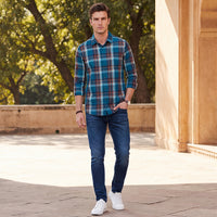 Full Sleeves Slim Fit Petrol Blue Checks Shirt