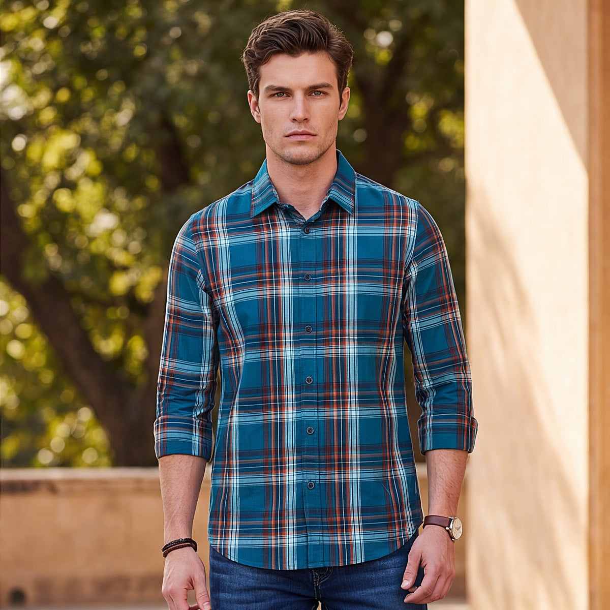 Full Sleeves Slim Fit Petrol Blue Checks Shirt