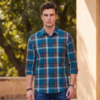 Full Sleeves Slim Fit Petrol Blue Checks Shirt