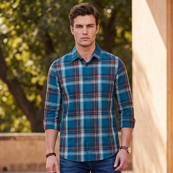 Full Sleeves Slim Fit Petrol Blue Checks Shirt