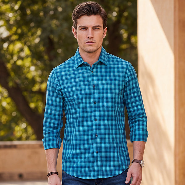 Full Sleeves Slim Fit Teal Blue Small Checks Shirt