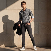 Full Sleeves Slim Fit Grey Grunge Geometric Print Shirt