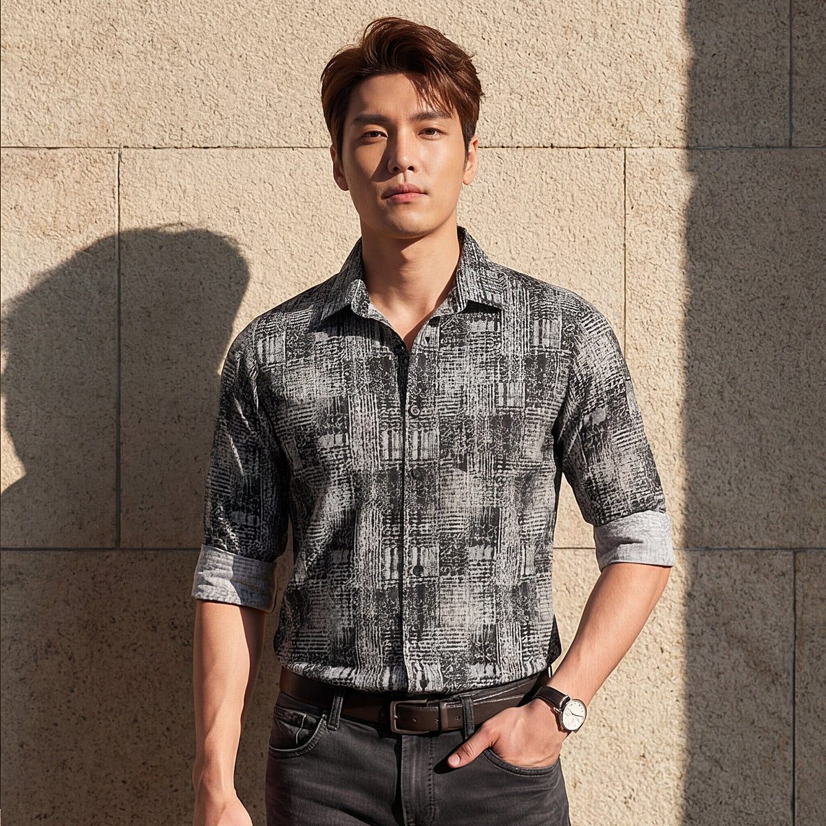 Full Sleeves Slim Fit Grey Grunge Geometric Print Shirt