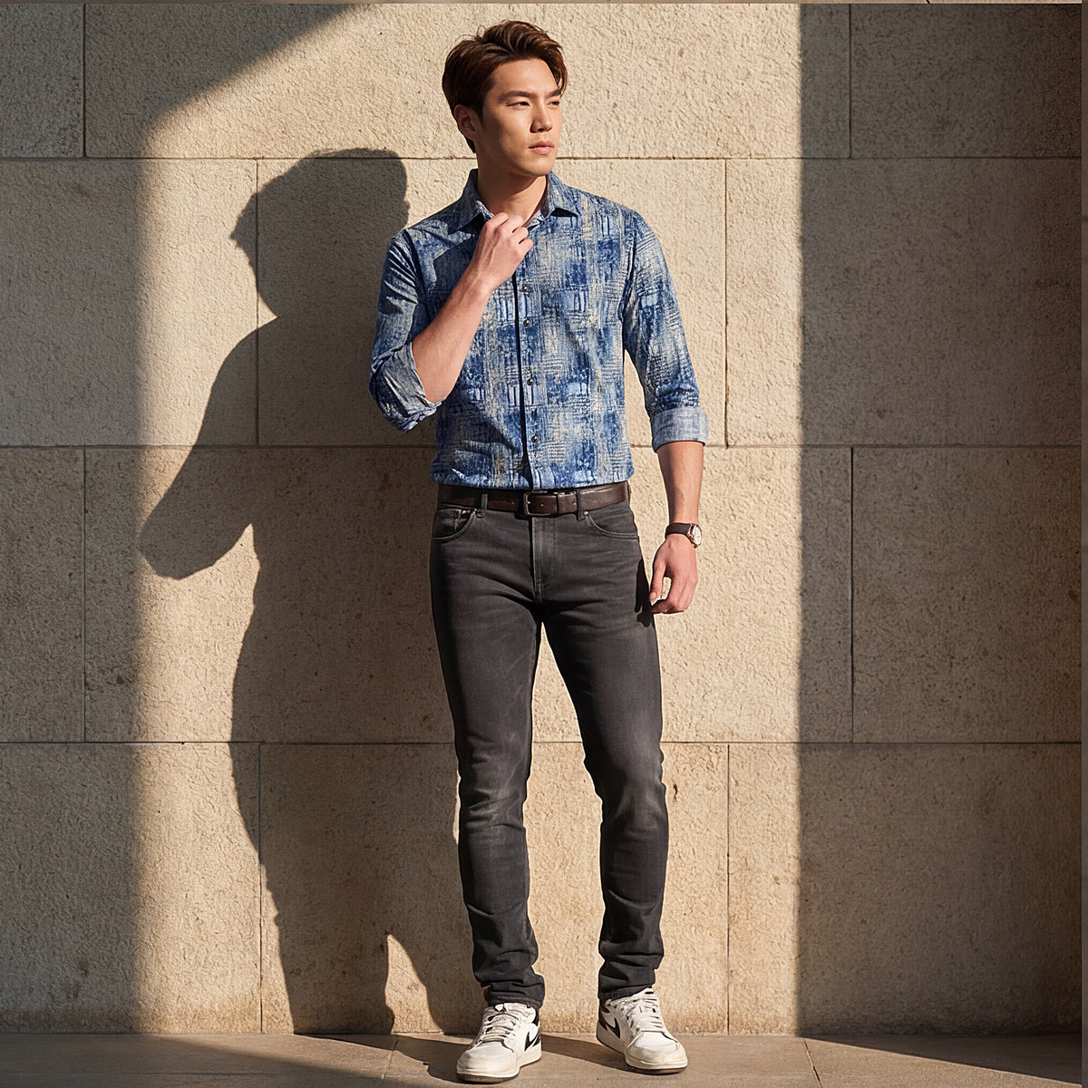 Full Sleeves Slim Fit Brown Grunge Geometric Print Shirt