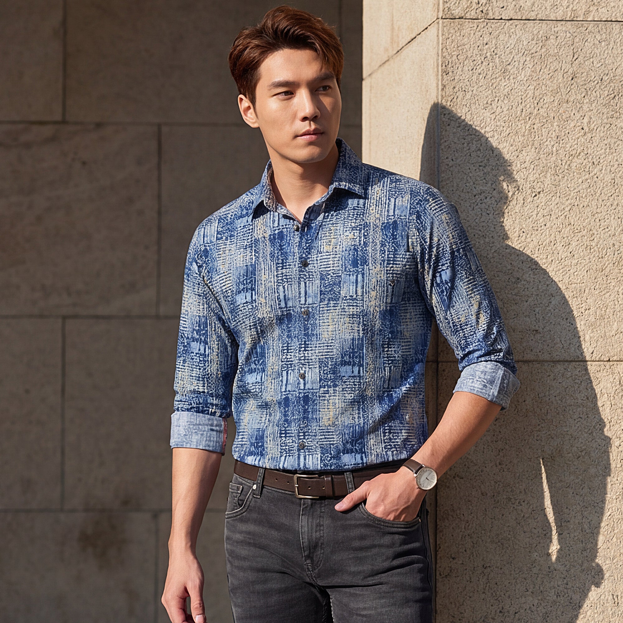 Full Sleeves Slim Fit Brown Grunge Geometric Print Shirt