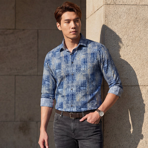 Full Sleeves Slim Fit Brown Grunge Geometric Print Shirt