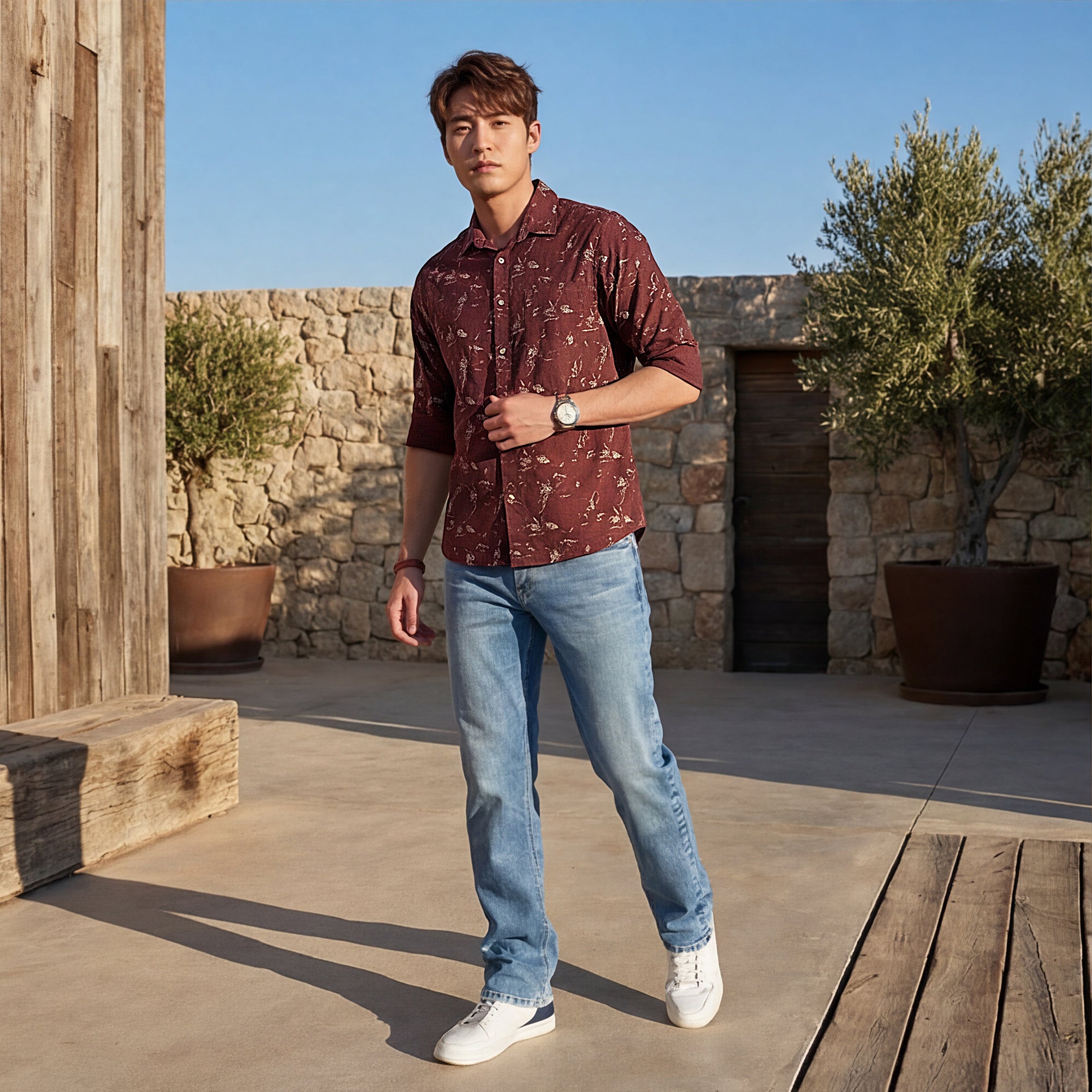 Full Sleeves Slim Fit Brown Abstract Floral Print Shirt