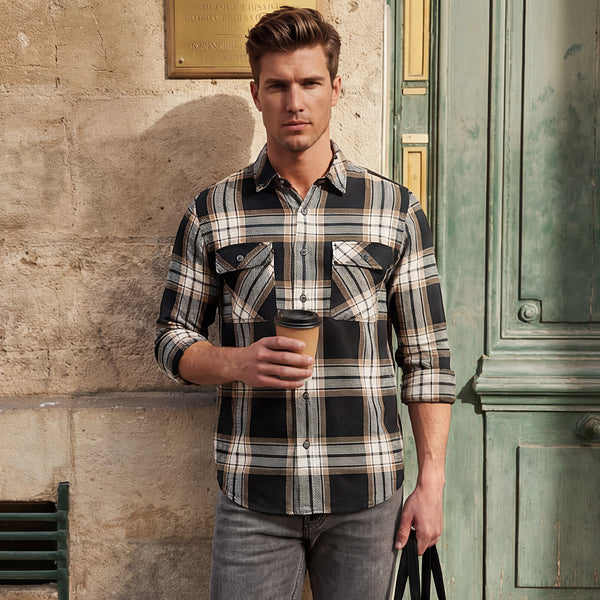 Full Sleeves Slim Fit Black Heavy Cavalry Double Pocket Checks Shirt